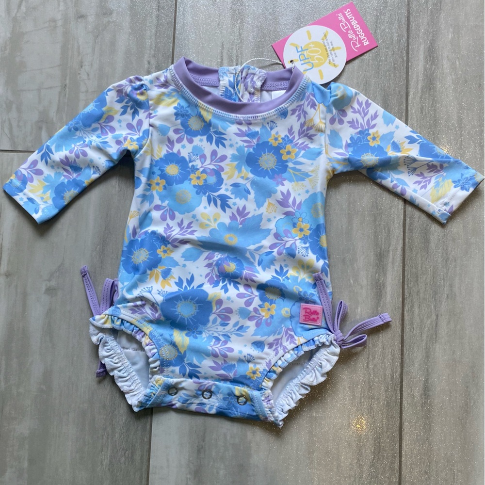 NWT RuffleButts Pristine Blooms Long Sleeve Rash Guard One Piece Swimsuit, 0-3M